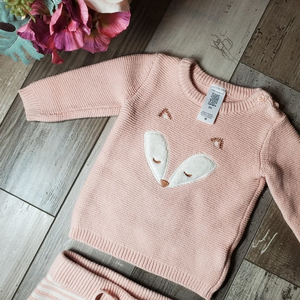 Carter's Matching Pink and White Fox 2 Pc Set Striped Pants 3 Months 3M NWOT